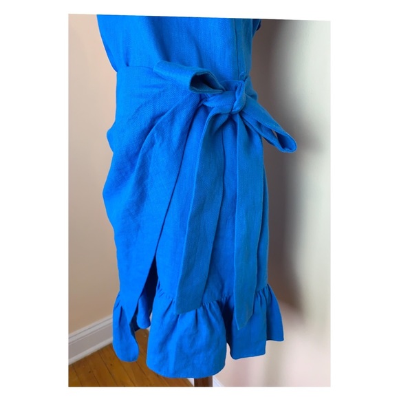 New! GOEN.J Wrap Effect Linen Ruffled Dress in Azure - Picture 9 of 11